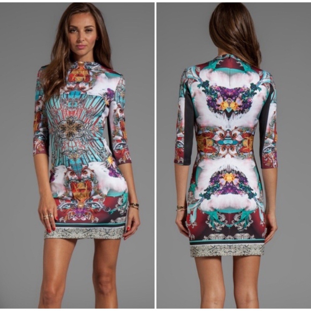 Clover Canyon Revolve Royal Horses Fitted Scuba Sheath Dress Size XS 3/4 Sleeve